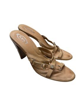 Tods Women's 8.5 Sandals Beige Leather Criss Cross Straps 3.5" Heels Slip On